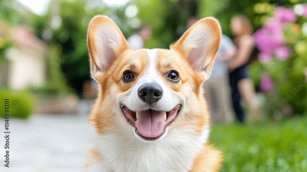 Happy corgi dog portrait in garden. Happy corgi dog portrait in garden.