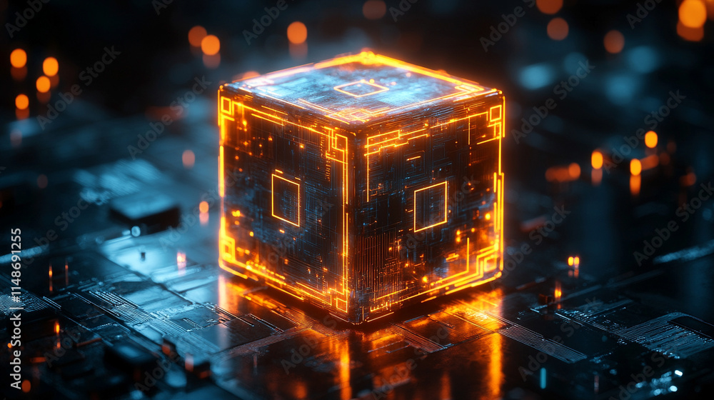 A glowing cube with intricate data patterns and circuit lines floats in the dark, symbolizing advanced technology, data processing, and the digital world
A glowing cube with intricate data patterns and circuit lines floats in the dark, symbolizing advanced technology, data processing, and the digital world