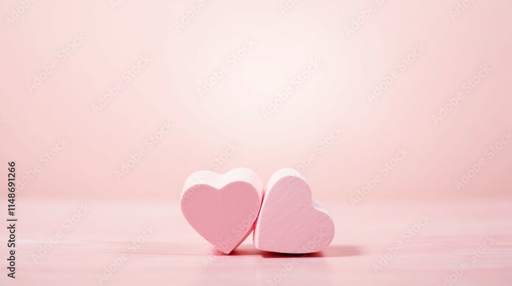 Two Pink Wooden Hearts on Pink Background, Romantic Valentine’s Day Theme. Two Pink Wooden Hearts on Pink Background, Romantic Valentine’s Day Theme.