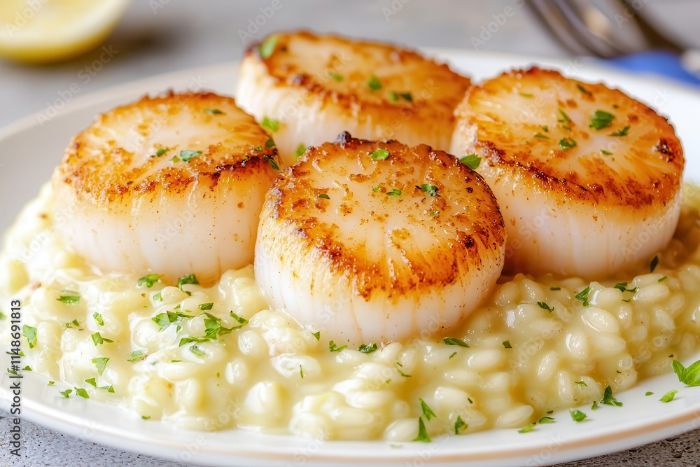 Seared scallops highlight fresh seafood. Delicious scallops served on creamy risotto. Seared scallops highlight fresh seafood. Delicious scallops served on creamy risotto.