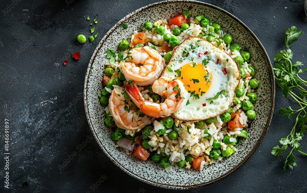 A plate of fried rice with shrimp, peas, and scrambled egg. A plate of fried rice with shrimp, peas, and scrambled egg.