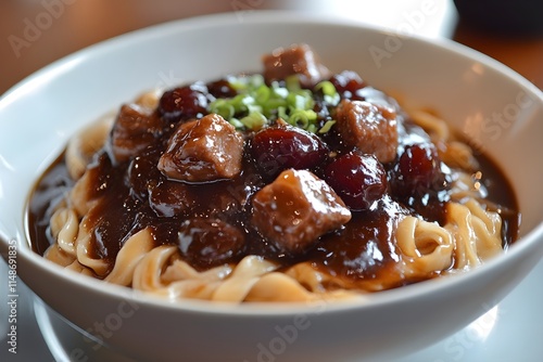 Photo of Korean-style Jajangmyeon food made with stir-fried Jjajang with pork, potatoes, carrots, etc. on thick noodles photo