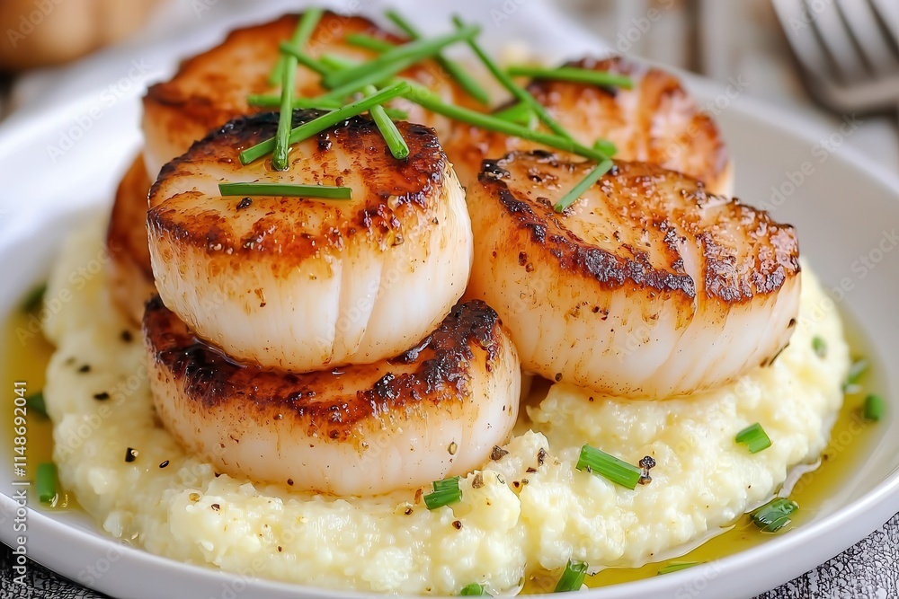 Seared scallops highlight fresh seafood. Deliciously seared scallops on creamy grits topped with chives. Seared scallops highlight fresh seafood. Deliciously seared scallops on creamy grits topped with chives.
