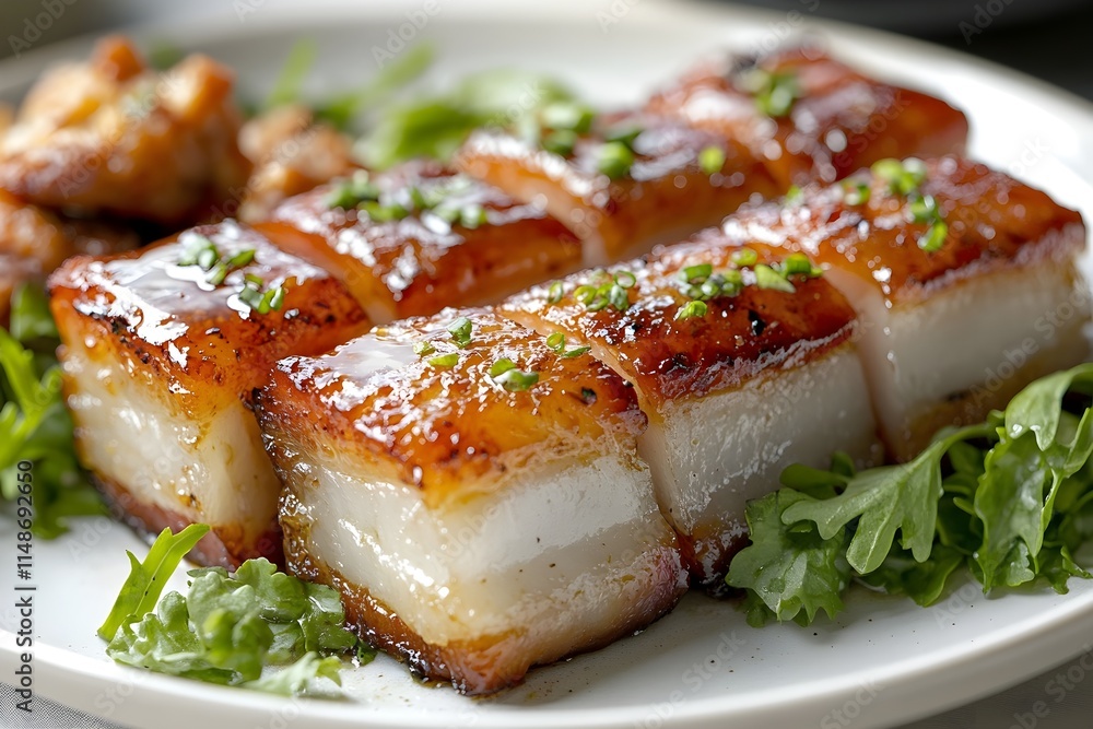 A photo of Dongpo pork, topped with green vegetables and green onions on a plate and cut into squares for easy eating. A photo of Dongpo pork, topped with green vegetables and green onions on a plate and cut into squares for easy eating.