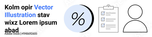 Percentage symbol, checklist with blue checkmarks, and user icon. Ideal for statistics, presentations, reports, demographics, data analysis, educational material, business reports. Landing page