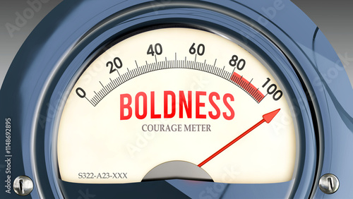 Boldness and Courage Meter that is hitting a full scale, showing a very high level of boldness, overload of it, too much of it. Maximum value, off the charts.  ,3d illustration photo