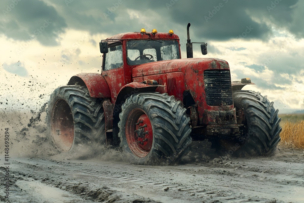 Obraz premium A large red tractor with large wheels moving roughly on a dirt road on a cloudy day, scattering dust and dirt.