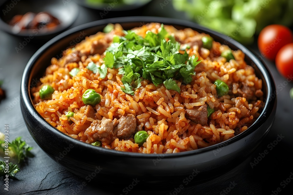 Food photo of fried rice with red pepper paste seasoning, peas, finely sliced meat, and green leafy vegetables in a bowl on the table Food photo of fried rice with red pepper paste seasoning, peas, finely sliced meat, and green leafy vegetables in a bowl on the table