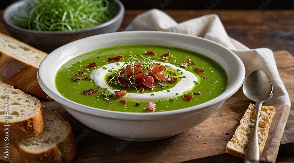 Warm and comforting velvety green split pea soup garnished with creamy swirl and crispy toppings, served alongside fresh artisan bread in a cozy kitchen setting Warm and comforting velvety green split pea soup garnished with creamy swirl and crispy toppings, served alongside fresh artisan bread in a cozy kitchen setting
