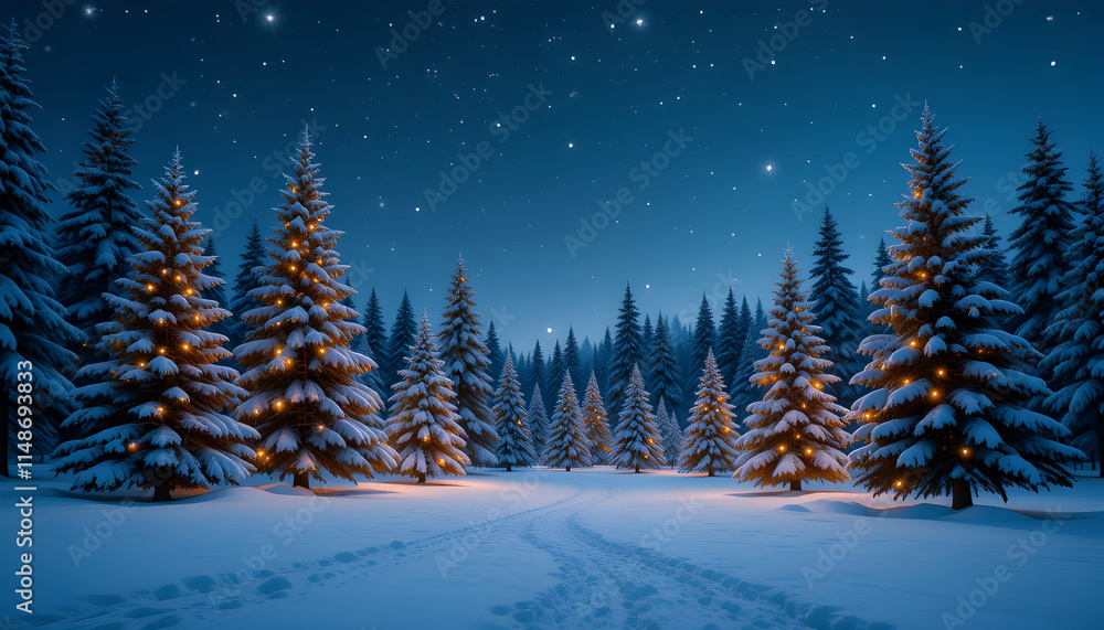 Naklejka premium Magical Winter Forest at Night with Sparkling Christmas Lights