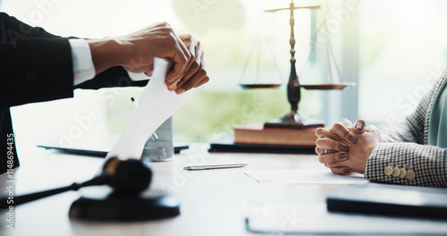 Fotografía Hands, people and meeting with paper tear, legal office and contract breach for company review