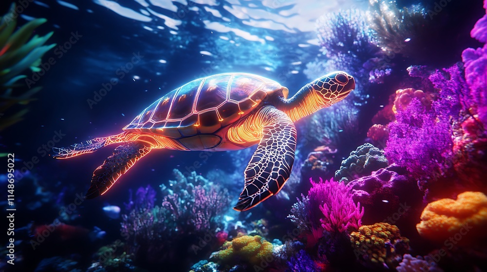 Luminous sea turtle gracefully swims through vibrant coral reef. Luminous sea turtle gracefully swims through vibrant coral reef.