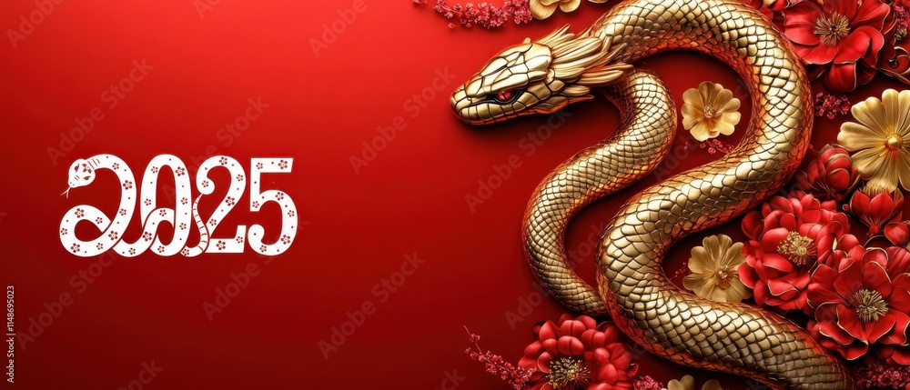 Fototapeta premium 2025 Chinese New Year: Golden Snake with Red Flowers and Festive Design