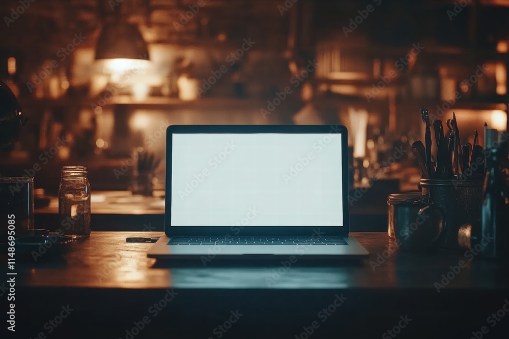 Empty Laptop on a Wooden Table in an Atmospheric Workspace with Warm Lighting and Artistic Decor, Perfect for Multimedia and Creative Projects Empty Laptop on a Wooden Table in an Atmospheric Workspace with Warm Lighting and Artistic Decor, Perfect for Multimedia and Creative Projects