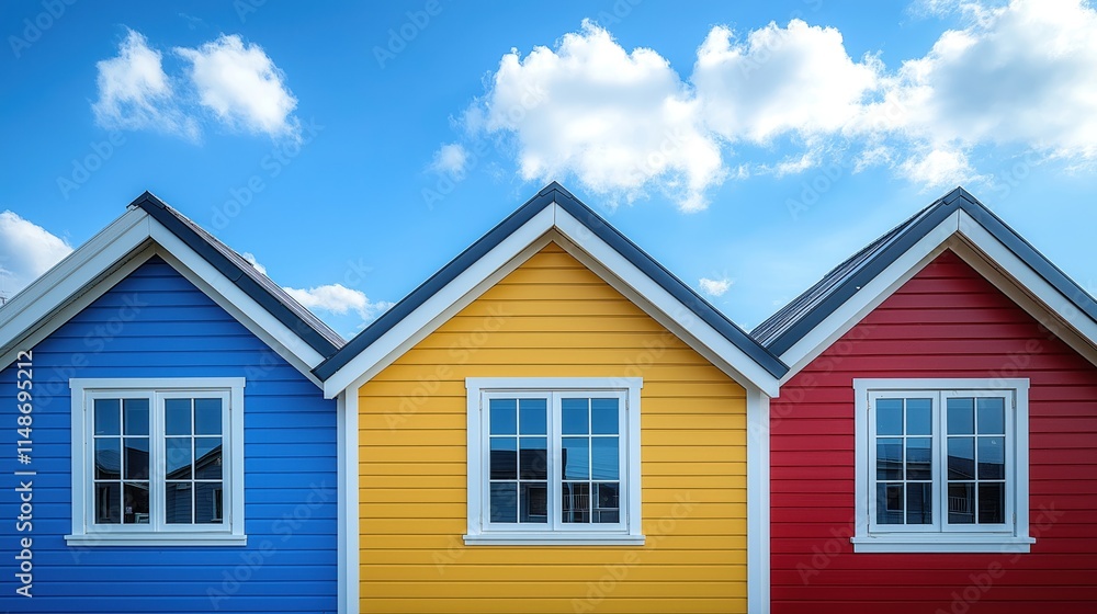 Colorful houses under clear sky. Three small houses in bright colors stand in row. Vivid hues contrast against vibrant blue sky scattered with fluffy white clouds. Houses simple white trim around Colorful houses under clear sky. Three small houses in bright colors stand in row. Vivid hues contrast against vibrant blue sky scattered with fluffy white clouds. Houses simple white trim around