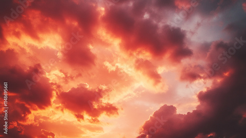 Colorful sunset sky with dramatic clouds over a tranquil landscape. 