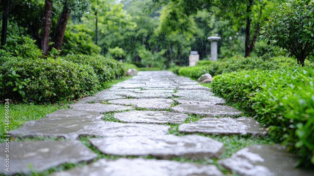 Wet stone path in lush green park after rain. Wet stone path in lush green park after rain.