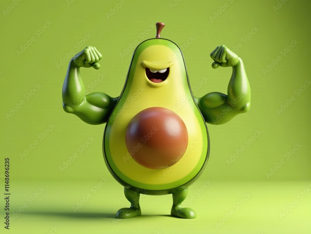 Avocado Flexing Bicep - 3D Cartoon Fitness Pose - Vibrant Rendering Avocado Flexing Bicep - 3D Cartoon Fitness Pose - Vibrant Rendering