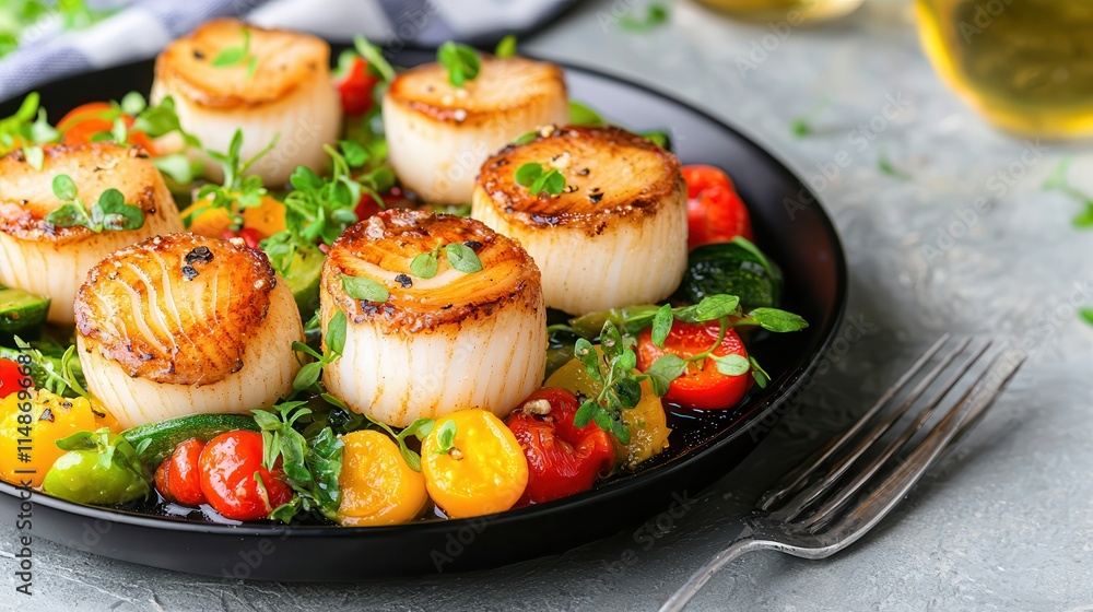 Seared scallops highlight fresh seafood. Delicious seared scallops on a bed of vibrant vegetables. Seared scallops highlight fresh seafood. Delicious seared scallops on a bed of vibrant vegetables.