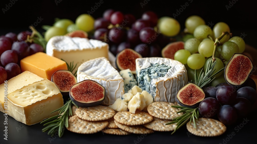 Gourmet cheese platter displays various cheeses brie cheddar, blue cheese arranged on rustic wooden board. Fresh figs, grapes add visual appeal. Crackers strategically placed among cheeses, fruits. Gourmet cheese platter displays various cheeses brie cheddar, blue cheese arranged on rustic wooden board. Fresh figs, grapes add visual appeal. Crackers strategically placed among cheeses, fruits.