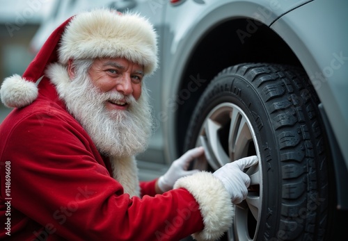A man dressed as Santa Claus pointing at a tire on a car.