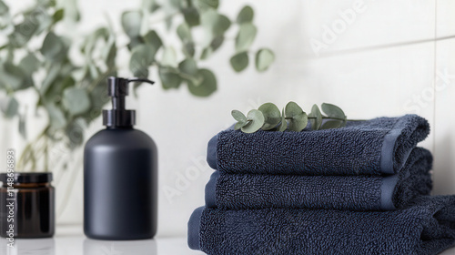 A stack of navy-blue towels next to a matte black soap dispenser and eucalyptus sprigs photo