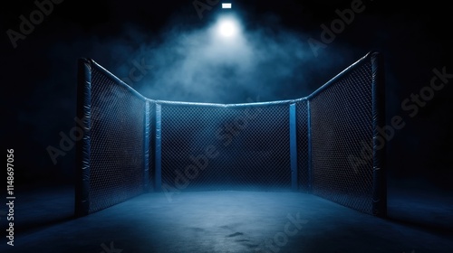 Empty MMA cage under dramatic lighting, fog effects. Blue hues dominate scene. Pro sports venue prepared for competition. Empty arena suggests anticipation, energy for event. Steel mesh cage, photo