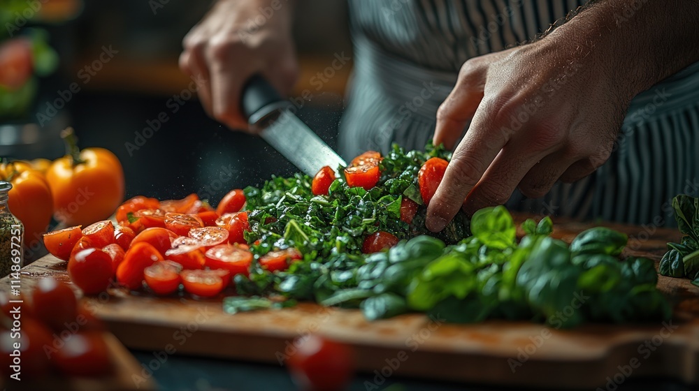 A chef chops fresh tomatoes and greens on a wooden cutting board in a kitchen setting. A chef chops fresh tomatoes and greens on a wooden cutting board in a kitchen setting.