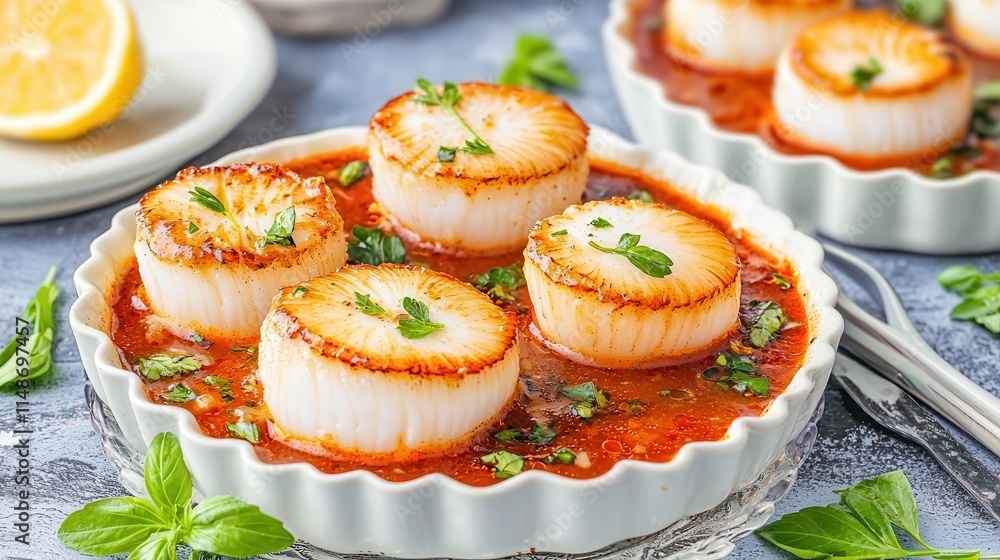 Seared scallops highlight fresh seafood. Delicious scallops served in a savory sauce with herbs. Seared scallops highlight fresh seafood. Delicious scallops served in a savory sauce with herbs.
