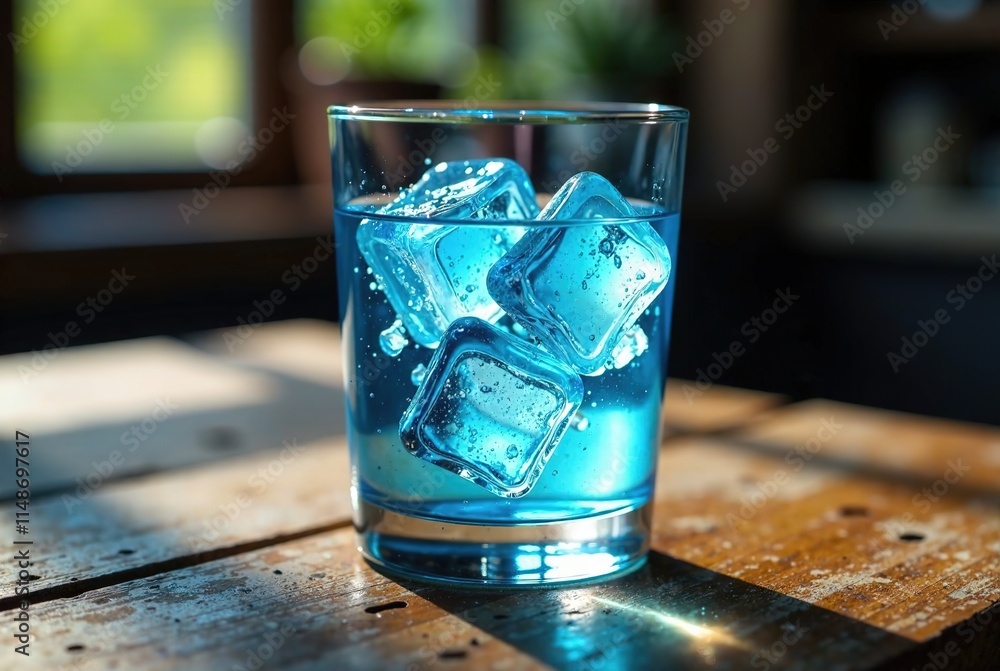 Blue Iced Water on Wooden Table - Photorealistic Still Life Blue Iced Water on Wooden Table - Photorealistic Still Life