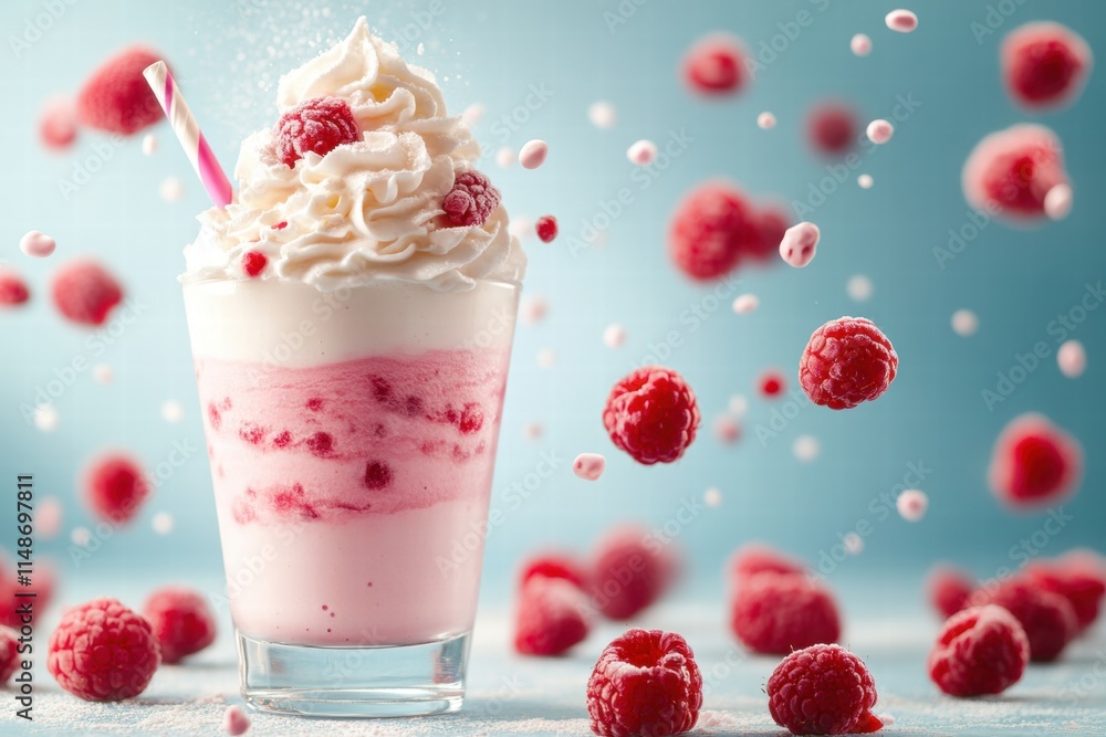 Refreshing Raspberry Milkshake with Whipped Cream and Fresh Raspberries on a Light Blue Background, Perfect for Summer Treats and Desserts Inspiration Refreshing Raspberry Milkshake with Whipped Cream and Fresh Raspberries on a Light Blue Background, Perfect for Summer Treats and Desserts Inspiration