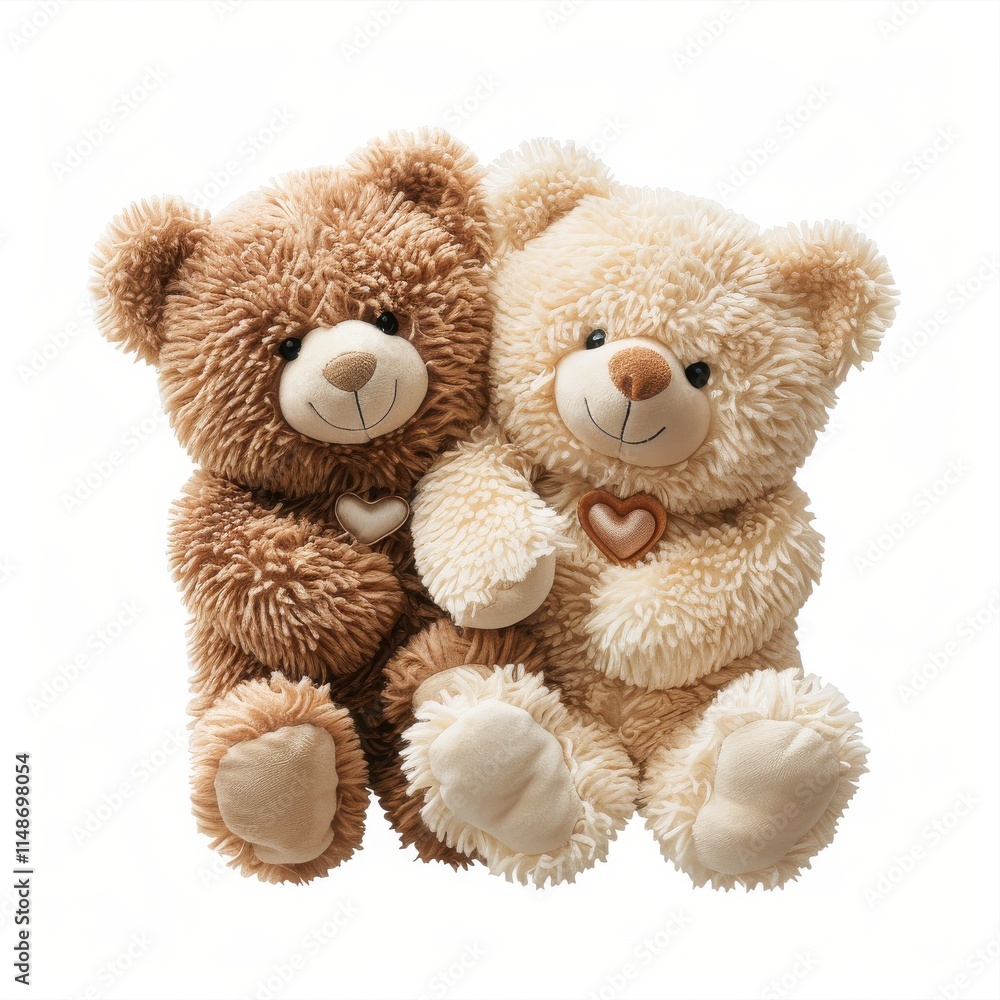 Obraz premium Cuddle Buddies: Two adorable teddy bears, one light beige and one brown, sit close together, showcasing their heartwarming friendship. Perfect for Valentine's Day, children's themes.