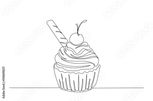 Cup cake continuous one line drawing. Muffin single line art illustration. Editable vector.