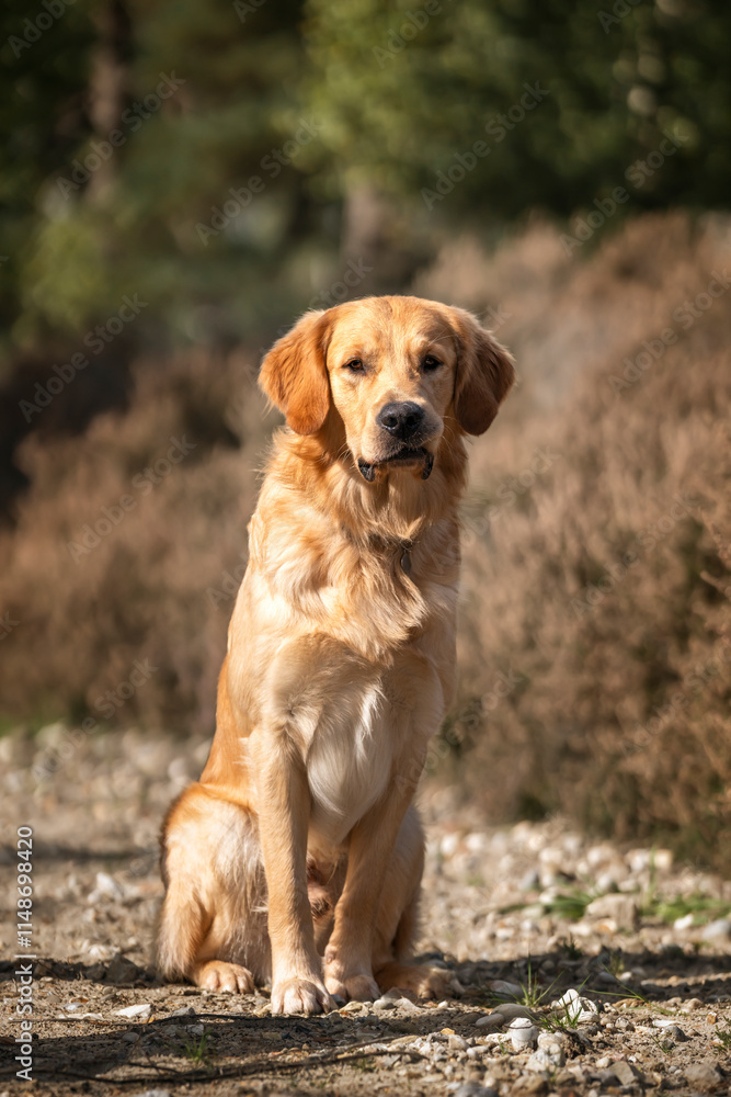 Golden Retriever dog having fun in the fields and forest in the summer Golden Retriever dog having fun in the fields and forest in the summer