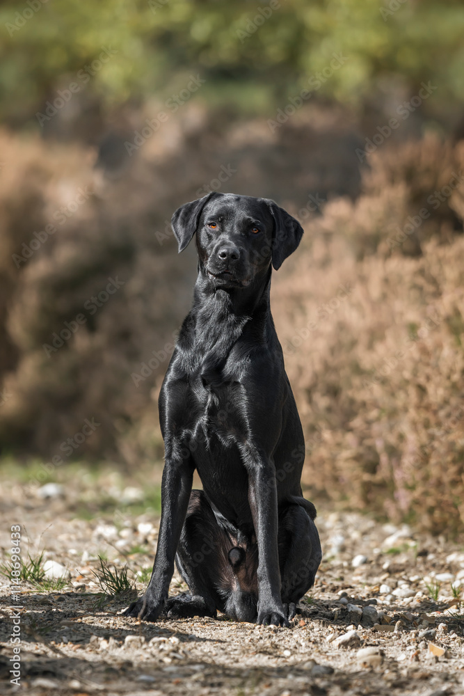 Black Labrador dog in the fields and forest in the summer Black Labrador dog in the fields and forest in the summer