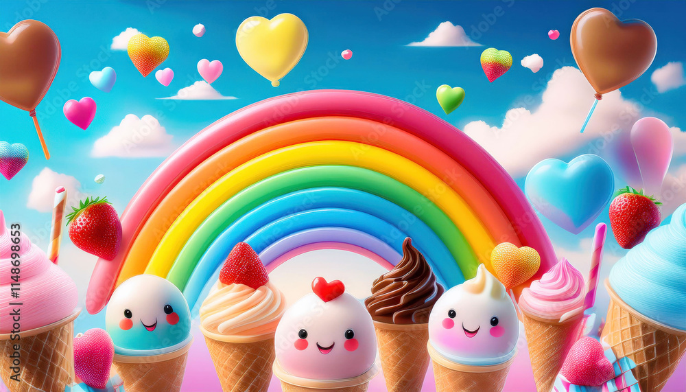 A kawaii-style background filled with smiling ice cream cones, cupcakes, and candy hearts floating, creating a sweet and cheerful atmosphere with vibrant pastel tones. A kawaii-style background filled with smiling ice cream cones, cupcakes, and candy hearts floating, creating a sweet and cheerful atmosphere with vibrant pastel tones.