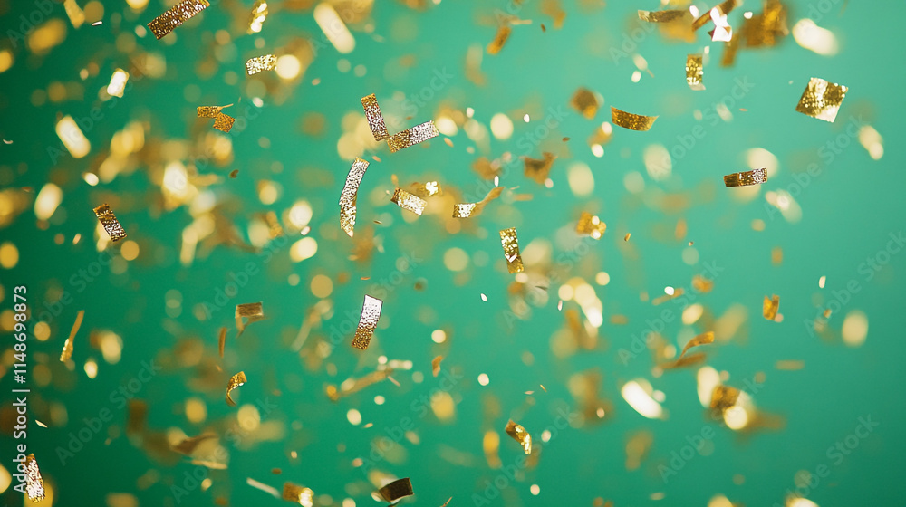 Celebration with golden confetti falling against a green background. Celebration with golden confetti falling against a green background.