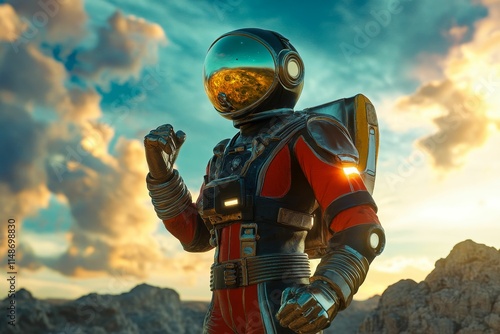 Astronaut in futuristic suit, rocky landscape, sunset.