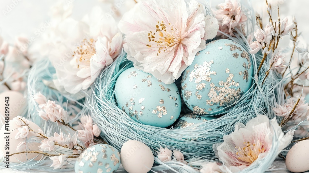 Pastel blue Easter eggs with gold glitter nestled in a blue nest with ...