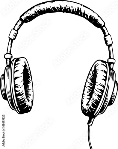 Stylized headphones illustration in black and white, sound experience