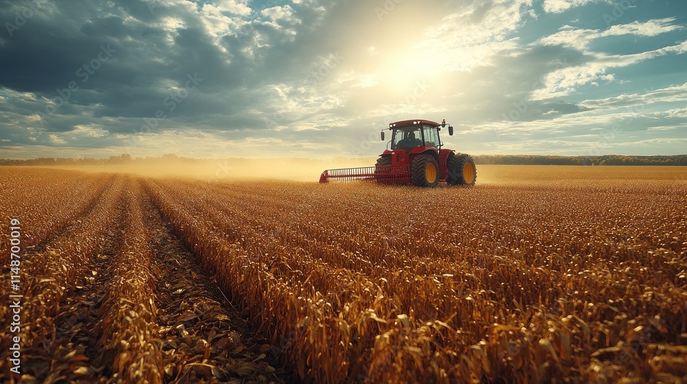 A red tractor harvesting crops in a golden field under a cloudy sky at sunset. A red tractor harvesting crops in a golden field under a cloudy sky at sunset.