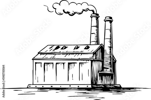 Industrial factory sketch with smokestacks on white background, engineering concept