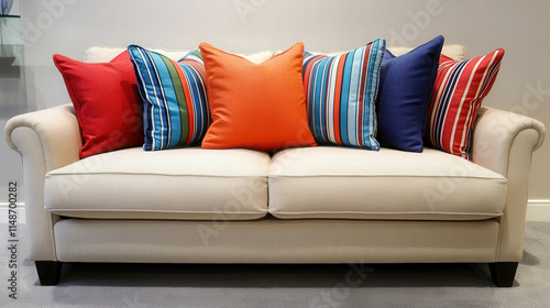 Pillows with bold striped patterns adding color to a plain beige couch photo