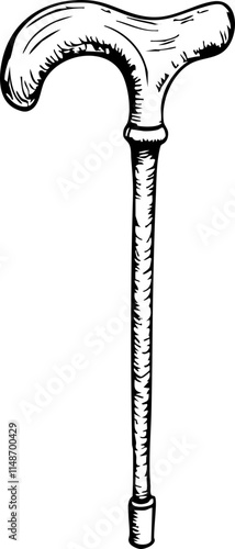 Elegant walking cane sketch on white background, symbol of support