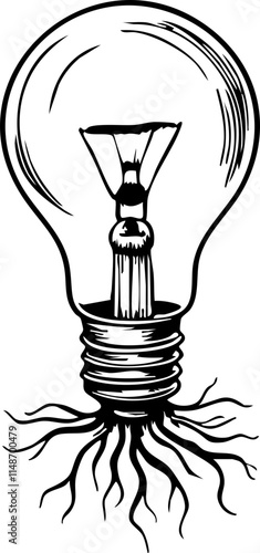Light bulb with roots symbolizing growth and motivation, black and white sketch