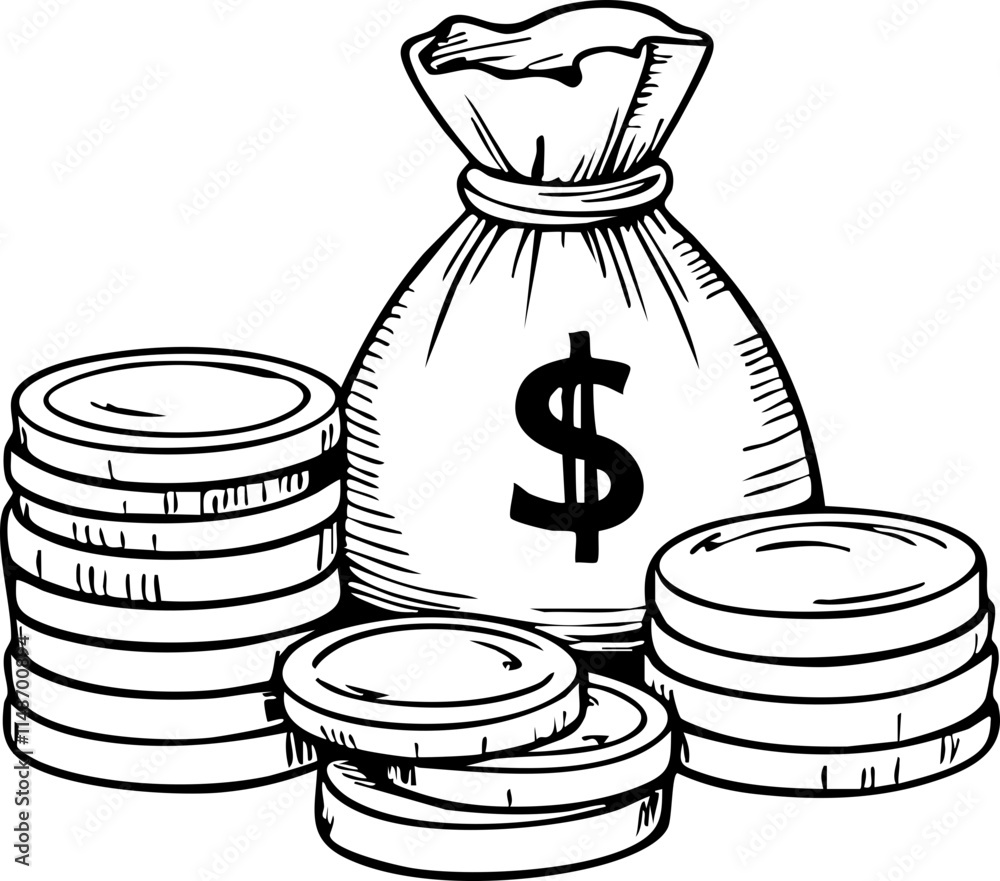 Financial growth symbolized by money bag and coins on white background, wealth concept Financial growth symbolized by money bag and coins on white background, wealth concept