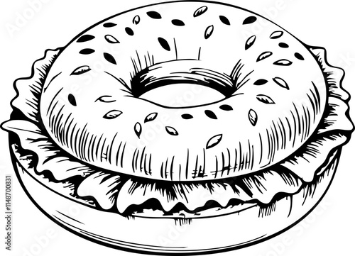 Sketch of bagel with lox on white background, culinary illustration