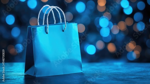 Blue paper shopping bag on blue background with bokeh. Shopping, sale, blue friday concept photo