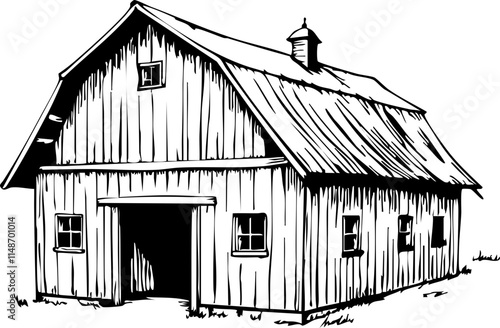 Rustic barn illustration in black and white, rural simplicity