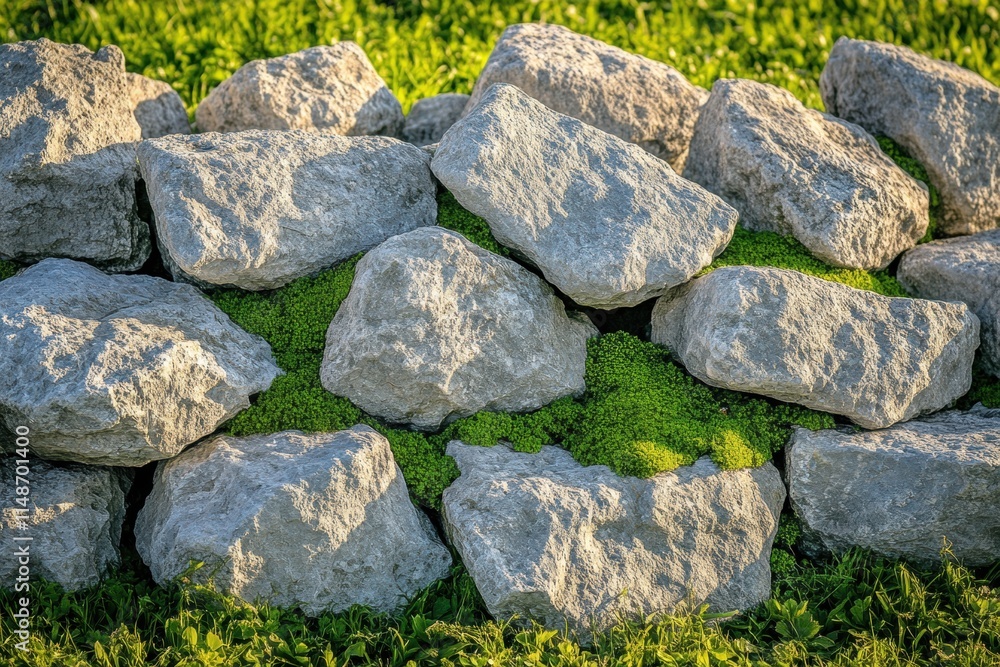 Close-Up of Natural Stone Wall with Lush Green Moss and Grass in Bright Sunlight, Creating a Beautiful Contrast in Outdoor Environment Close-Up of Natural Stone Wall with Lush Green Moss and Grass in Bright Sunlight, Creating a Beautiful Contrast in Outdoor Environment